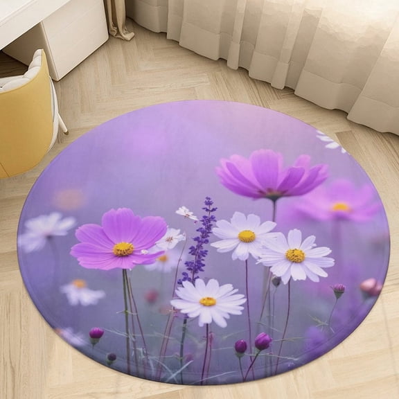 Vibrant Cosmos Flowers in Bloom Round Area Rugs for Bedroom Living Room, 4FT Soft Comfy Indoor Circle Carpets, Floor Mat