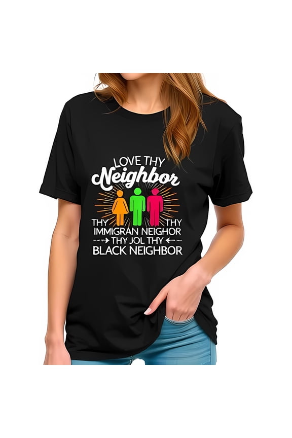 Vibrant Cotton Short Sleeve T-Shirt - " Love Thy Neighbor " Design with Colorful Figures Inclusive Message for All Communities