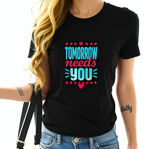 Vibrant Cotton Short Sleeve T-Shirt - 'TOMORROW needs YOU' Design with Teal & Pink Accents Stars & Heart