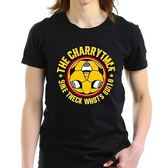 Vibrant Cotton Short Sleeve T-Shirt with Yellow Soccer Ball Graphic and Bold Text " THE CHARRYTIME ONE TRECK WHO'S " - Casual Sporty Style for Soccer Fans