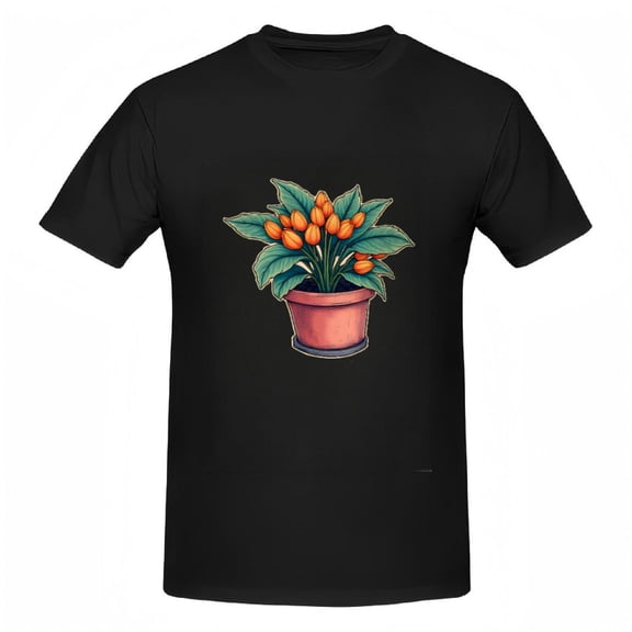 Vibrant Cotton Short Sleeve T-Shirt for Women - Colorful Potted Plant Design with Green Leaves & Orange - Yellow Flowers
