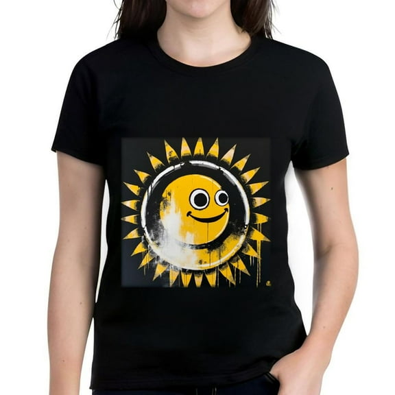 Vibrant Cotton Short Sleeve T-Shirt for Women - Playful Smiling Sun Design with Colorful Abstract