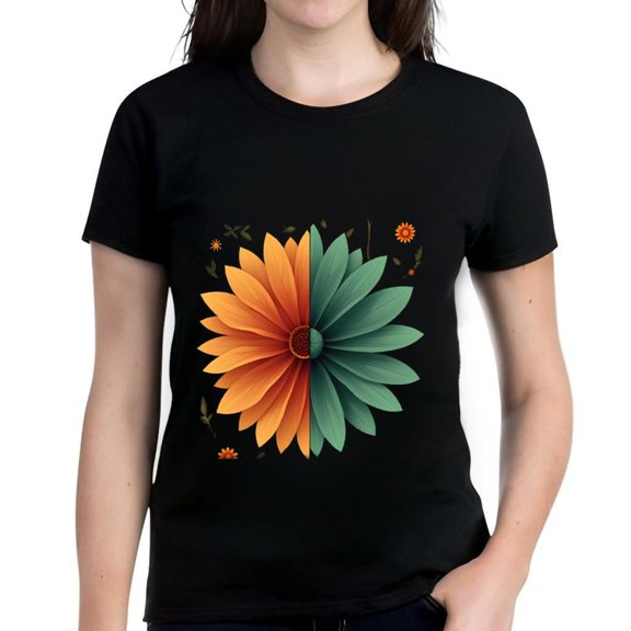 Vibrant Cotton Short Sleeve T-Shirt for Women with Colorful Half Orange & Half Green Flower Design Surrounded by Smaller Flowers & Leaves