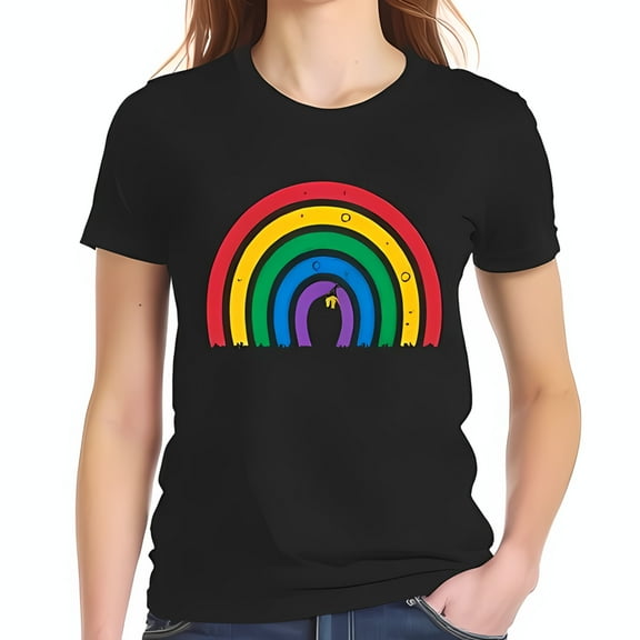 Vibrant Cotton Short Sleeve T-Shirt for Women with Colorful Rainbow Graphic and Whimsical Design