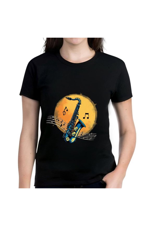 Vibrant Cotton Short Sleeve T-Shirt with Colorful Blue Saxophone and Musical Notes Design on Yellow Background