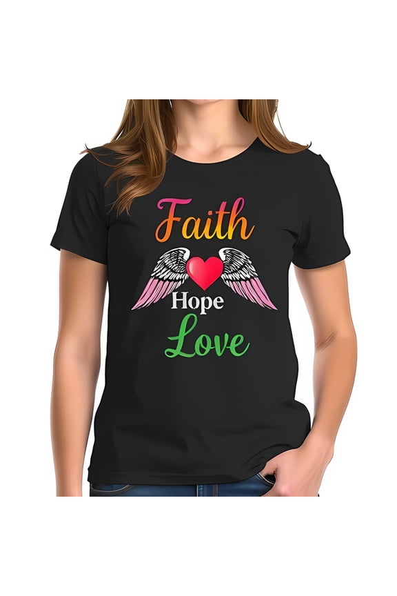 Vibrant Cotton Short Sleeve T-Shirt with " Faith Hope Love " Design & Heart Wings Motif