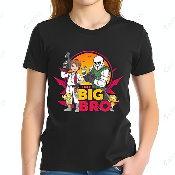 Vibrant Cotton Short Sleeve T-Shirt with Futuristic Boy & Mentor Design Sunset Backdrop Cartoonish Figures " YOUR BIG BRO " Theme