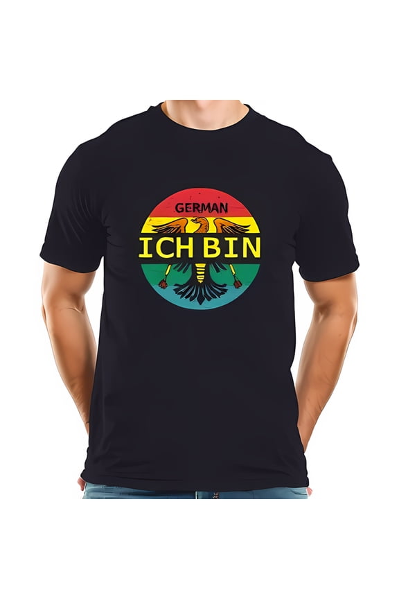 Vibrant Cotton Short Sleeve T-Shirt with German Eagle Design - " GERMAN ICH BIN " Graphic in Red Yellow and Green