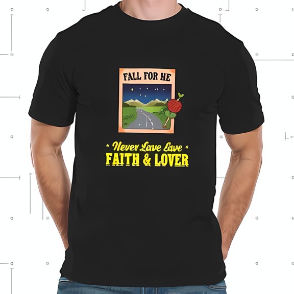 Vibrant Cotton Short Sleeve T-Shirt with Humorous 'FALL FOR HE' Design Scenic Road & Whimsical Positive 'FAITH & LOVER' Slogan