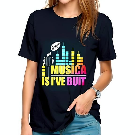 Vibrant Cotton Short Sleeve T-Shirt with " MUSICA IS I'VE BUT " Graphic & Colorful Sound Waves - Perfect for Music Lovers