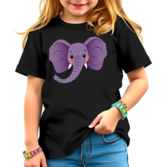 Vibrant Cotton Short Sleeve T-Shirt with Playful Cartoon Purple Elephant Design Cheerful and Fun Fashion Statement