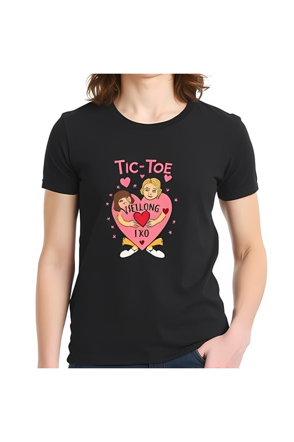 Vibrant Cotton Short Sleeve T-Shirt with " TIC-TOE " Design Heart Illustration and Playful Girls - Retro Style Comfortable Fit