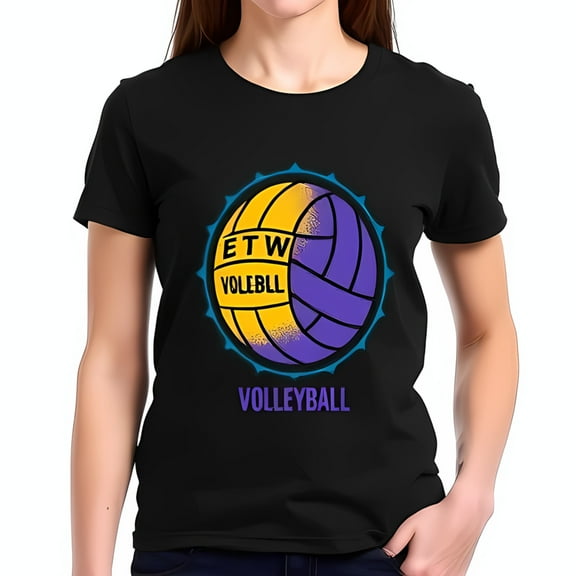Vibrant Cotton Short Sleeve T-Shirt with Yellow and Purple Volleyball Graphic ETW & VOLLBL Design