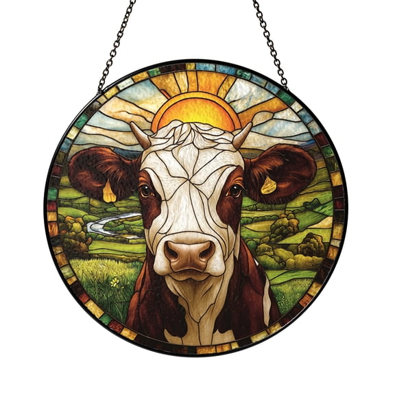 Vibrant Cow Stained Glass Window Panel, Warm Farmhouse Nature Inspired Home Decoration