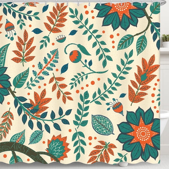 Vibrant Cream & Teal Shower Curtain with Whimsical Foliage Design