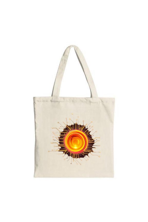 Vibrant Cream Tote Bag with Futuristic Sun Design Orange & Yellow Circular Pattern Perfect for Shopping Travel & Parties