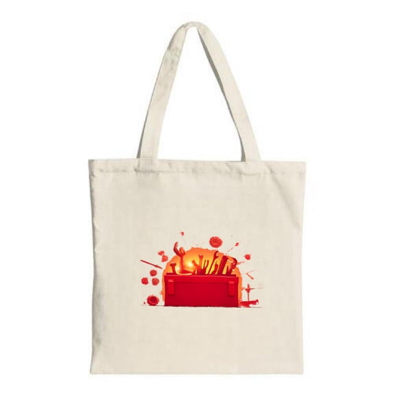 Vibrant Cream Tote Bag with Red Burning Dumpster Design - Perfect Multifunctional Reusable Canvas Bag for Shopping Travel & Parties