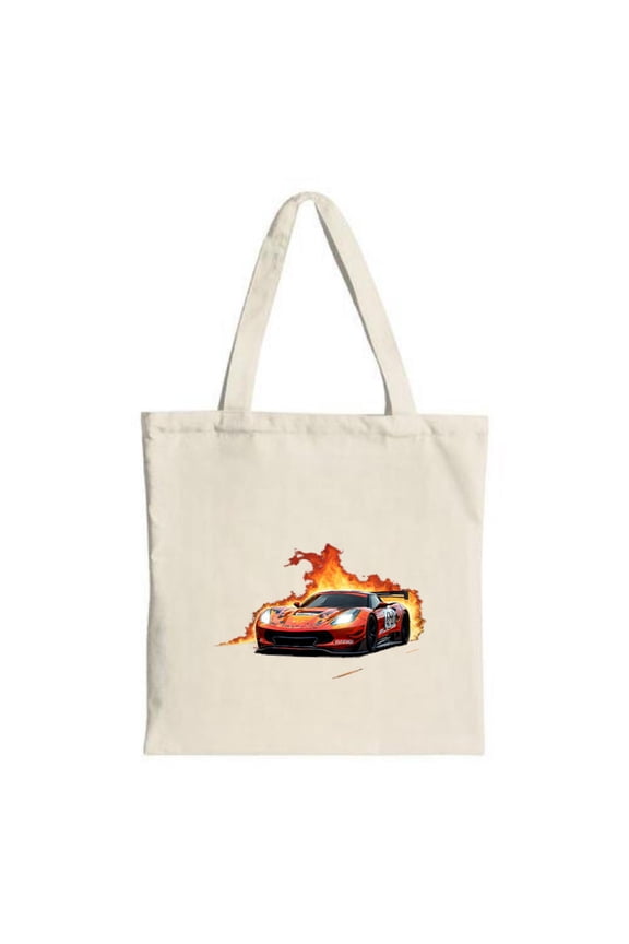 Vibrant Cream Tote Bag with Red Sports Car & Flames Number ' 12 ' - Perfect for Shopping Travel & Parties Sturdy Handles