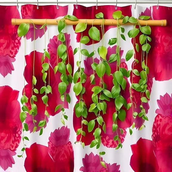 Vibrant Crimson Shower Curtain with Cascading Green Ivy - Bold Floral Design for a Cheerful Bathroom Decor