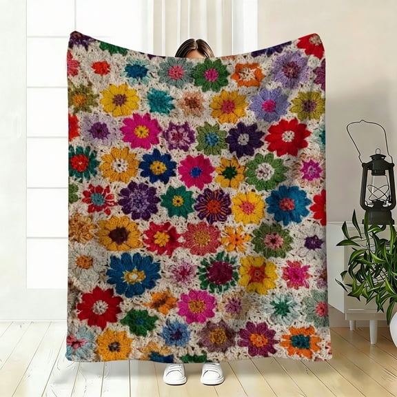Vibrant Crochet Pattern Flannel Blanket, Soft Cozy Throw, Multifunctional Bedspread for Sofa Bed, Perfect Gift Idea