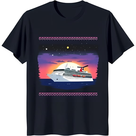 Vibrant Cruise Ship Graphic on Dark Blue T-Shirt Sunset Design