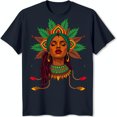 thumbnail image 1 of Vibrant Cultural Graphic Tee: Serene Woman in Colorful Headdress on Black T-Shirt, 1 of 5