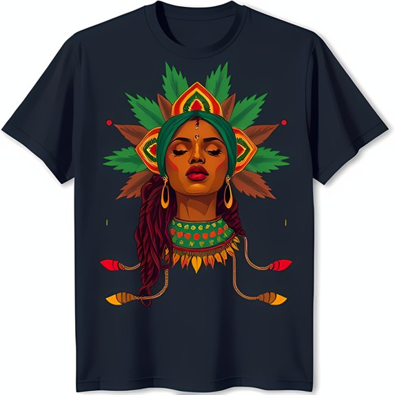 Vibrant Cultural Graphic Tee: Serene Woman in Colorful Headdress on Black T-Shirt