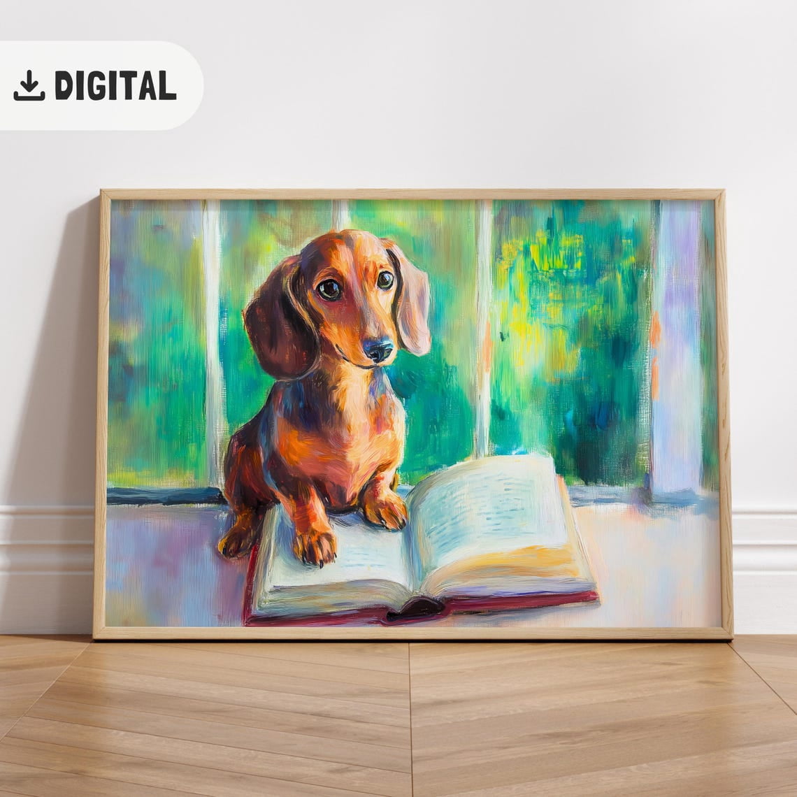 EES VAN DONGEN アートブック Vibrant Dachshund Reading Wall Art, Book Lover, Doxie Dog Read