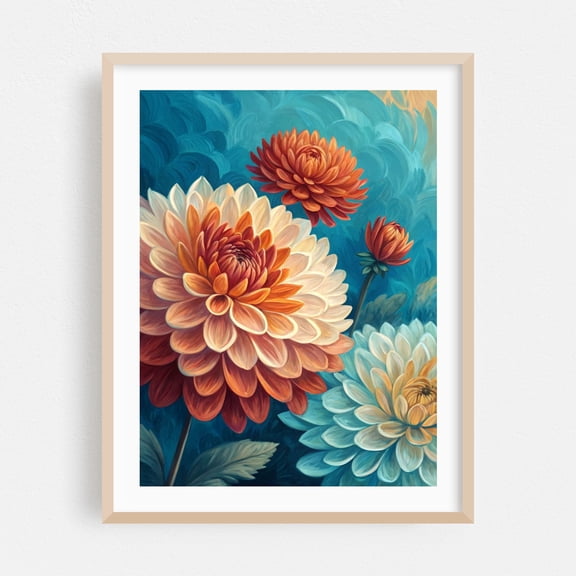 Vibrant Dahlias in Bloom - Digital Art Floral Flowers Botanical Modern Art Nature Oak Framed Wall Art Print 5 x 7 inches