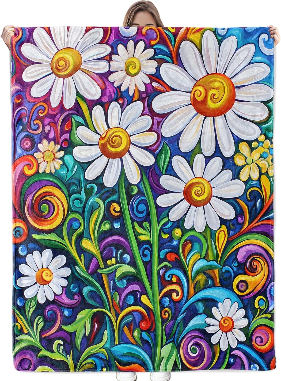 Vibrant Daisy Blanket Soft Cozy Flannel Floral Throw Blanket, Warm Yet Lightweight Colorful Daisies Pattern Blankets for Travel, Couch, Bed, for Adults Women Girls, Outdoor Comfort Wrap 80"×60"