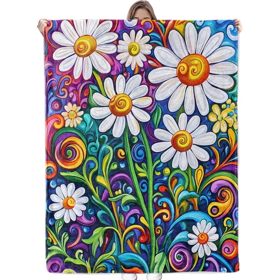 Vibrant Daisy Blanket Soft Cozy Flannel Floral Throw Blanket, Warm Yet Lightweight Colorful Daisies Pattern Blankets for Travel, Couch, Bed, for Adults Women Girls, Outdoor Comfort Wrap 50"×40"