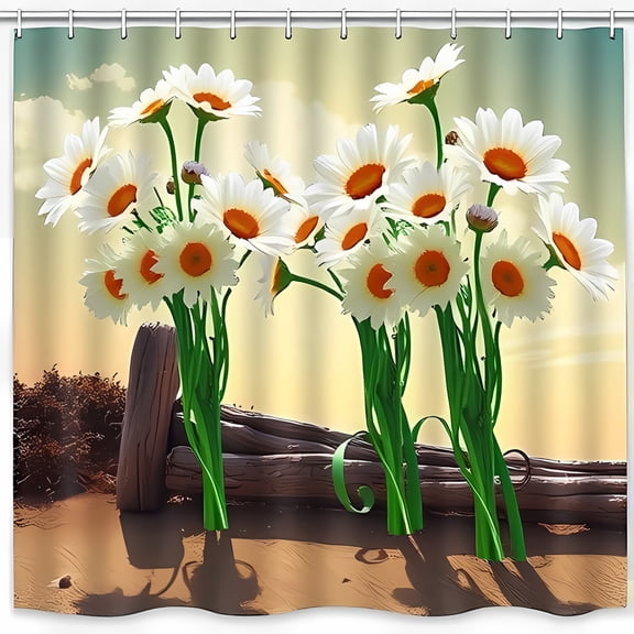 Vibrant Daisy Shower Curtain with Orange Centers - Coastal Sunset Design for Tranquil Bathroom Decor