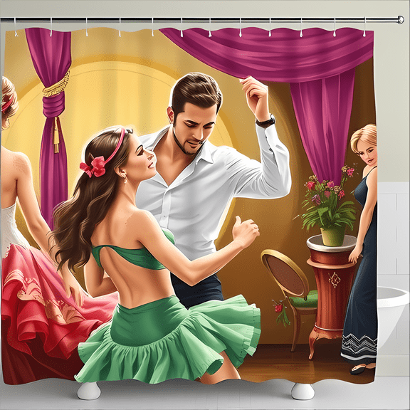 Vibrant Dance Scene Shower Curtain - Lively Tango/Salsa Artwork with Rich Colors & Opulent Decor