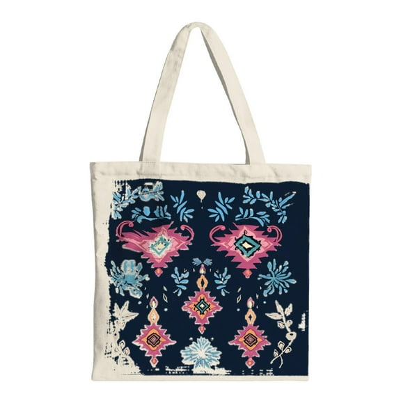 Vibrant Decorative Tote Bag - Intricate Geometric & Floral Patterns on Dark Blue Canvas - Perfect for Shopping Travel & Parties - Reusable & Multifunctional