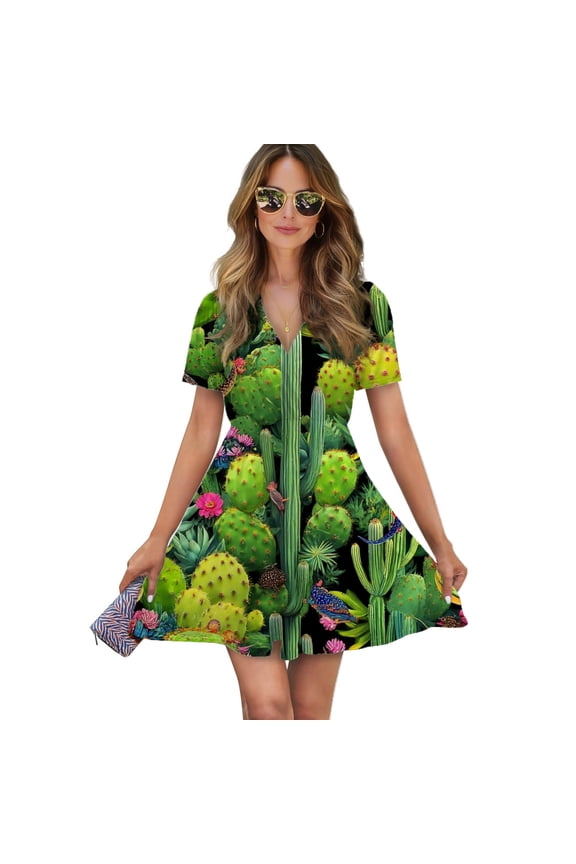 Vibrant Desert Cactus Floral Print Women Dress V-Neck Short Sleeve Flowy Swing Party Midi Dress