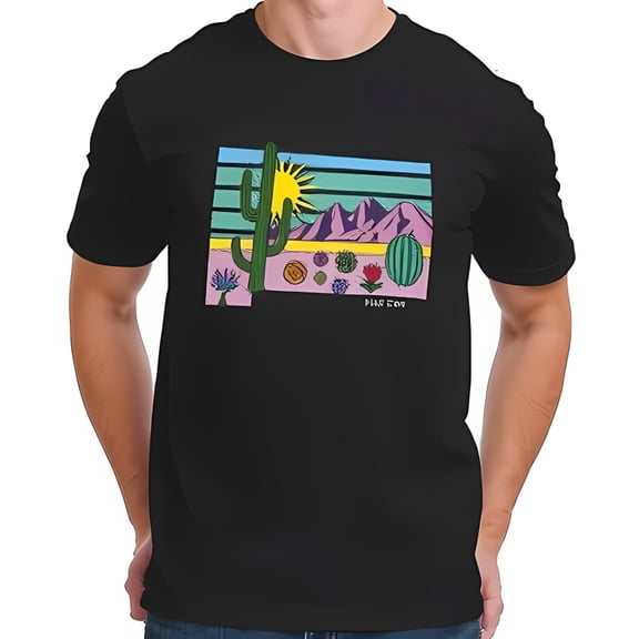 Vibrant Desert Landscape Cotton Short Sleeve T-Shirt with Cactus & Colorful Flowers - Retro Aesthetic Tee