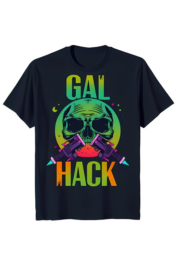 Vibrant Design T-Shirt with Crossed Machines & 'GAL HACK' Dark Blue