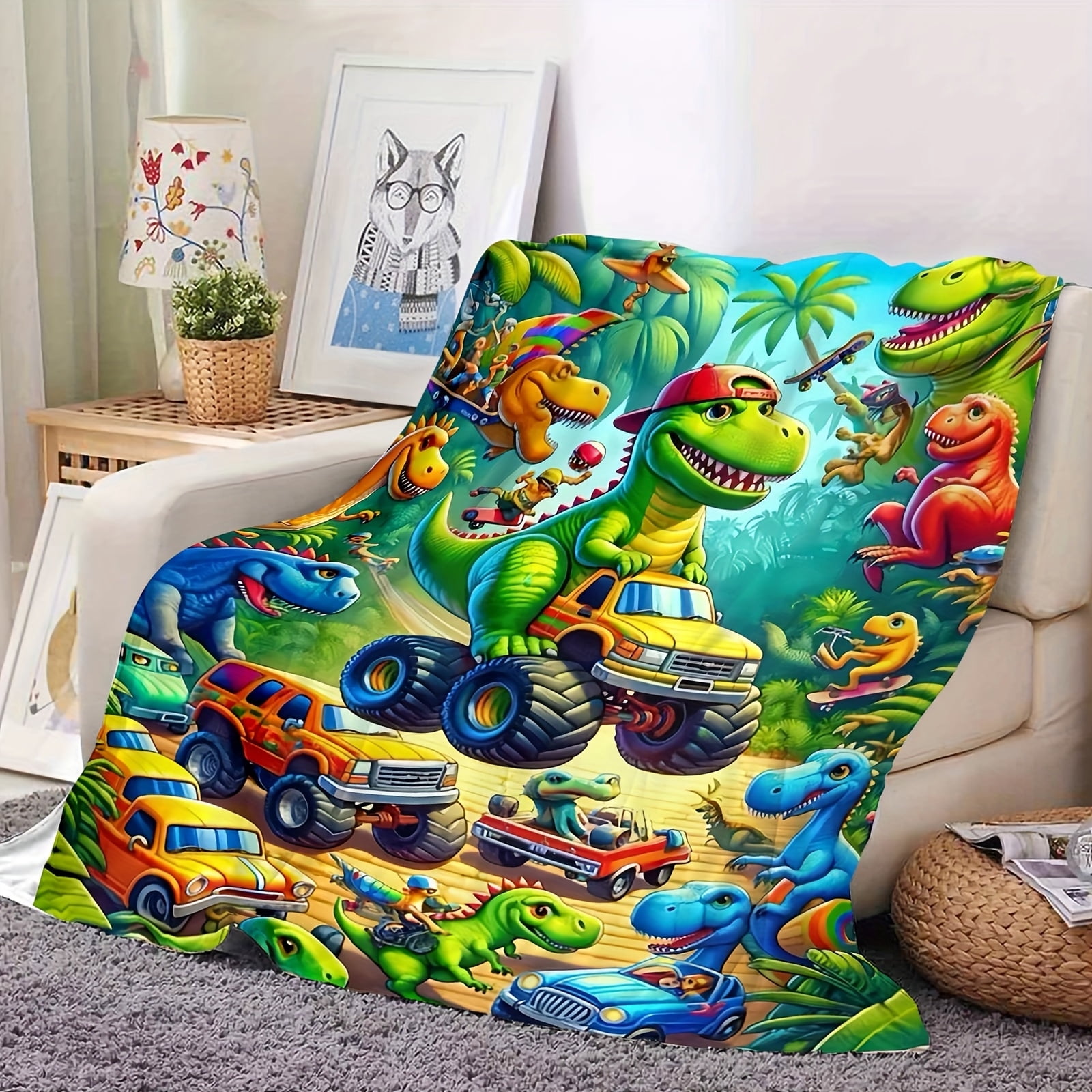 [Vibrant Dinosaur Blanket] Soft & Durable Cozy Dinosaur Truck Flannel Blanket - Vibrant Cartoon Dinosaur Design, 100% Polyester, Perfect for Naps, Car Seats & All-Season Comfort