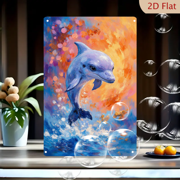Vibrant Dolphin Leaping Art Print on Metal, 8x12 Inch Colorful Ocean Splash Wall Decor with Bold Brushstrokes and Sunset Background