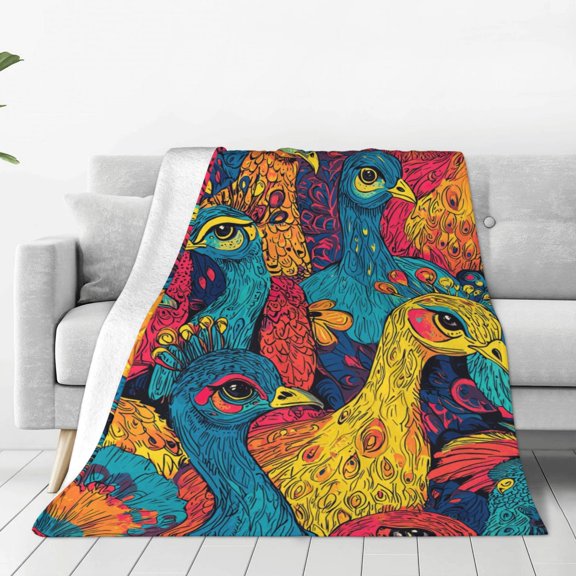 Vibrant Doodle Peacock Flannel Throw Blanket, Soft, Warm, Durable Pop Art Blanket, for Bed, Couch & Travel, Machine Washable 50x40in, Bold Neon Colors