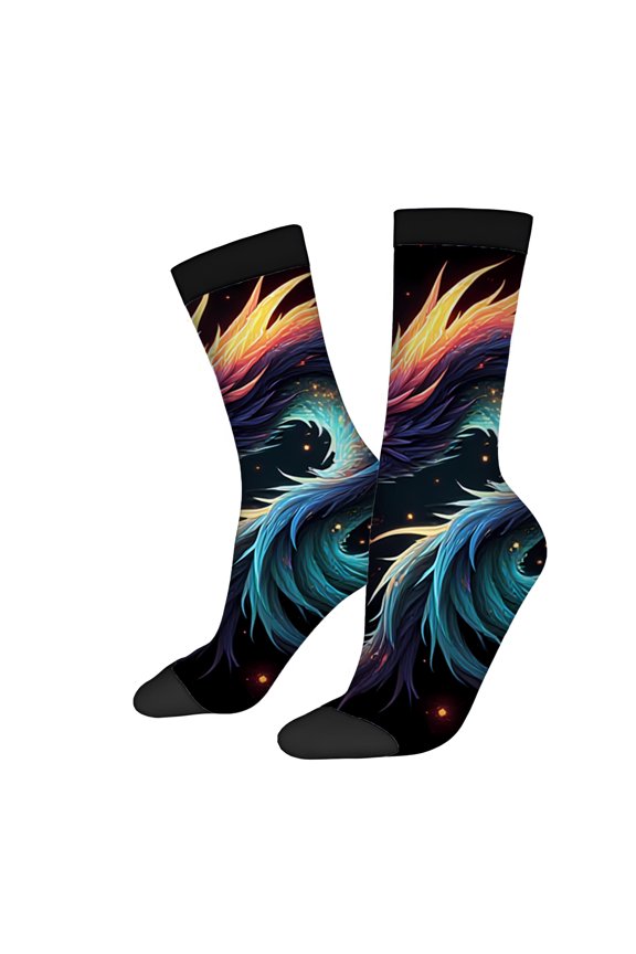Vibrant Dragon Design Socks (2 Pairs) - Unisex Trendy Mixed Color Socks for All Seasons Ethereal Blue & Purple with Fiery