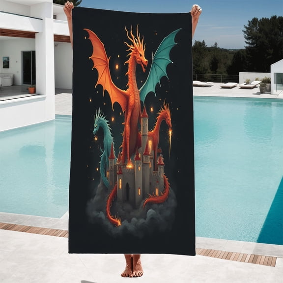 Vibrant Dragon Fantasy Beach Towel - Majestic with Orange Wings Mystical Castle Design Perfect for Pool & Travel