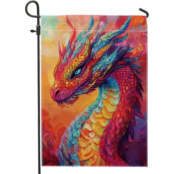 Vibrant Dragon Garden Flag, Colorful Fantasy Creature Outdoor Decoration, Double Sided Seasonal Lawn Banner, 12 x 18 Inch