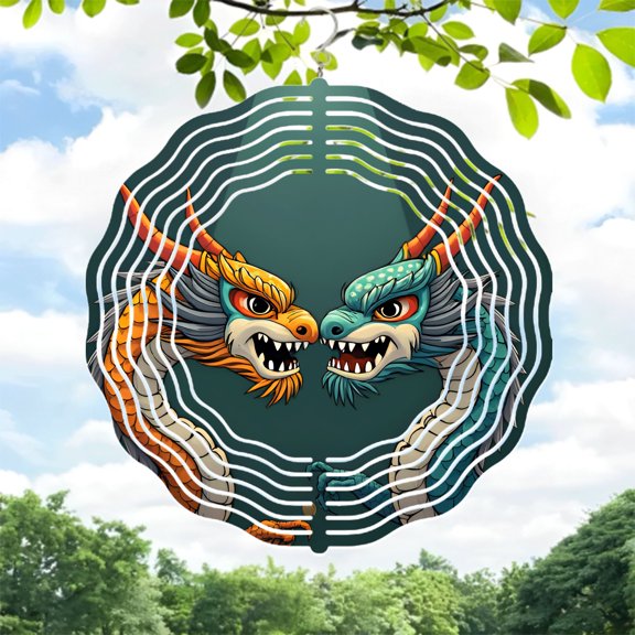 Vibrant Dragon Heads Metal Wind Spinner - Fierce Design with Intricate Scales & Dynamic Wave Effect for Yard & Garden Decor