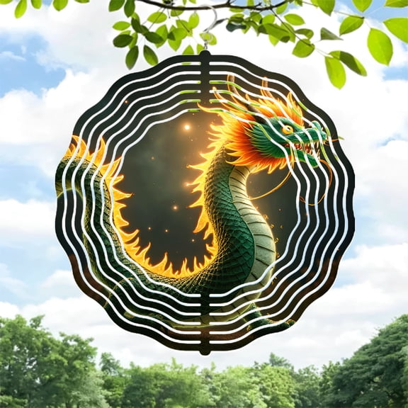 Vibrant Dragon Metal Wind Spinner & Chime - Intricate Design with Fiery Flames Perfect for Yard & Garden Decor Mystical Atmosphere