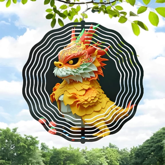 Vibrant Dragon Metal Wind Spinner & Chime - Intricate Design with Golden Body Red Accents Perfect for Yard & Garden Decor