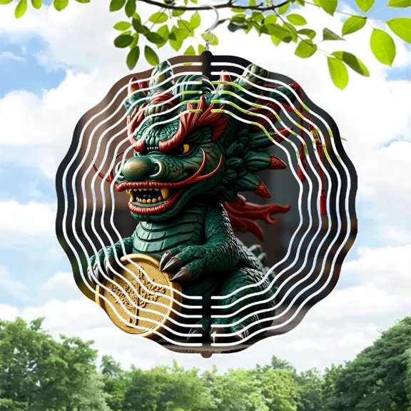Vibrant Dragon Metal Wind Spinner - Intricate Design with Golden Coin Green Scales & Red - Perfect for Yard & Garden Decor