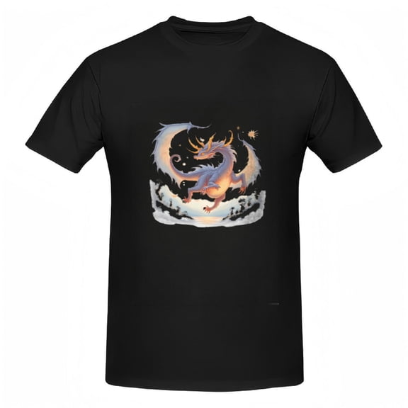 Vibrant Dragon Print Cotton Short Sleeve T-Shirt for Women - Mystical Night Sky Design with Blue and Orange Accents