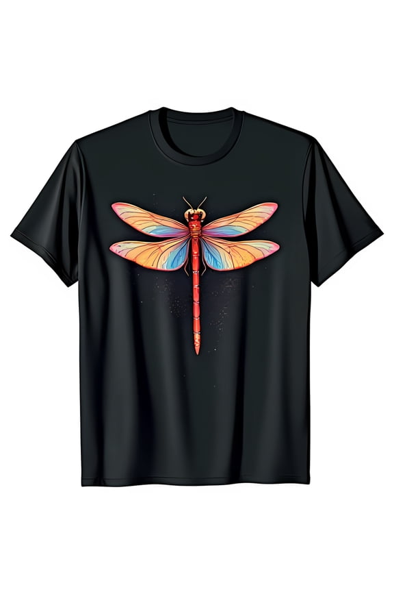 Vibrant Dragonfly Graphic Black T-Shirt Detailed Red Body Wings