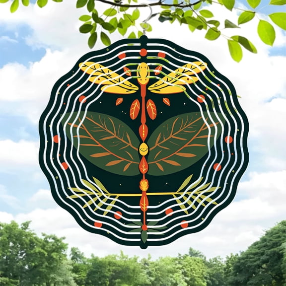 Vibrant Dragonfly Metal Wind Spinner & Chime - Intricate Nature-Inspired Design with Symmetrical Leaves & Geometric Patterns for Garden Decor
